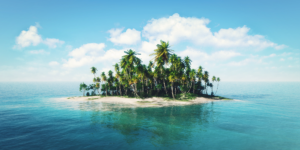 A small island with palm trees in the middle of it.